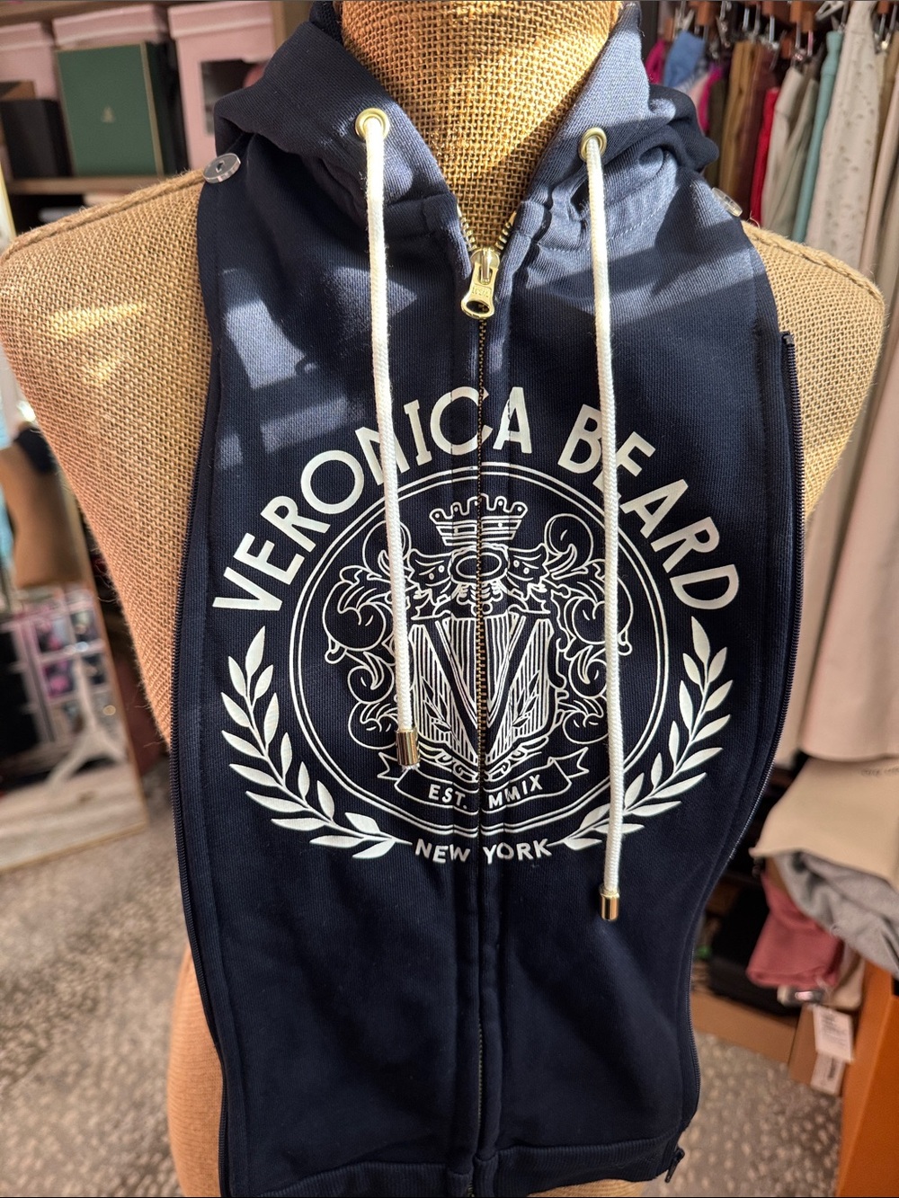 Veronica Beard Navy Sleeveless Zip-Up Hoodie Vest with Crest Logo